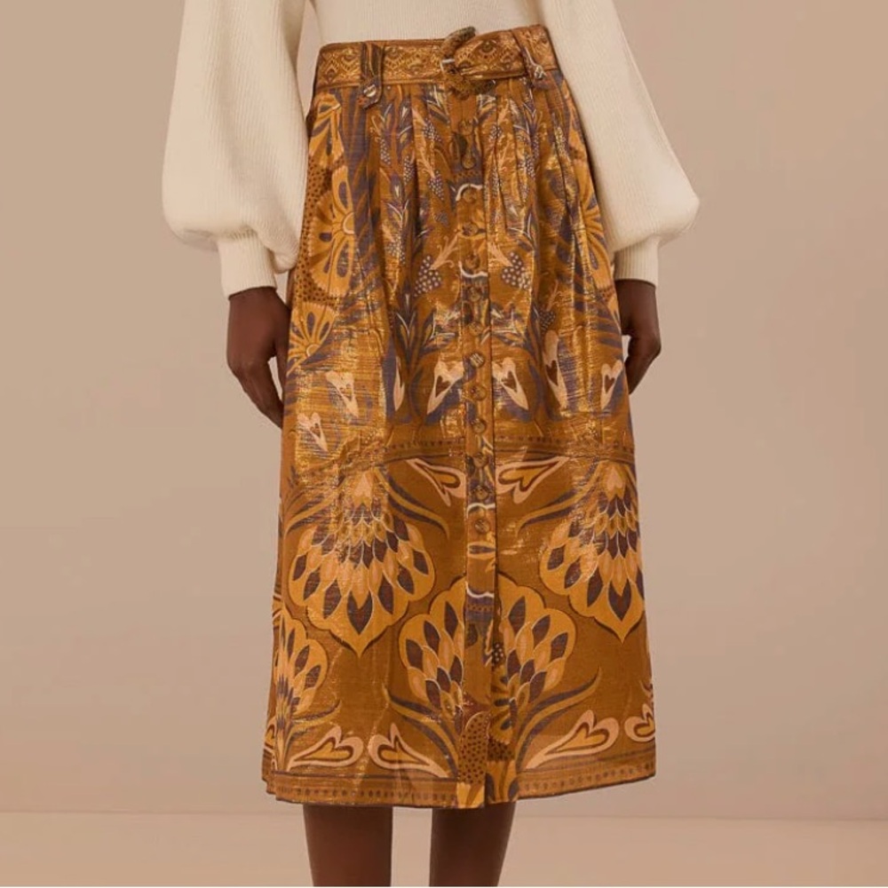 FARM RIO gold heart forest midi skirt NWT